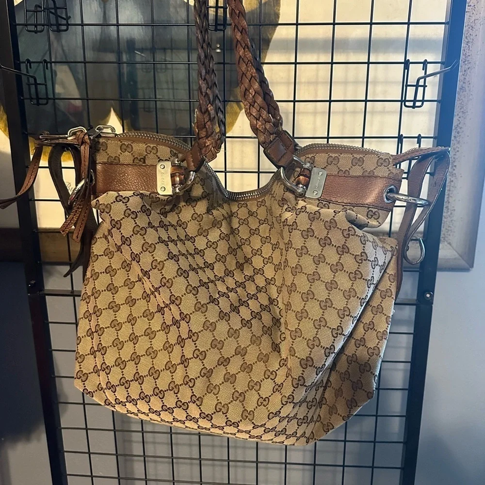 Gucci Tan and Brown Monogram large Shoulder Bag